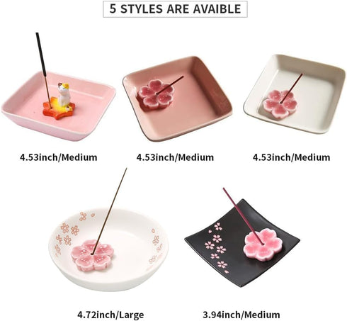 Japanese Handmade Ceramic Cherry Blossom Incense Stick Holder, Unique Ash Catcher Tray, Decorative Gift, Square Pink
