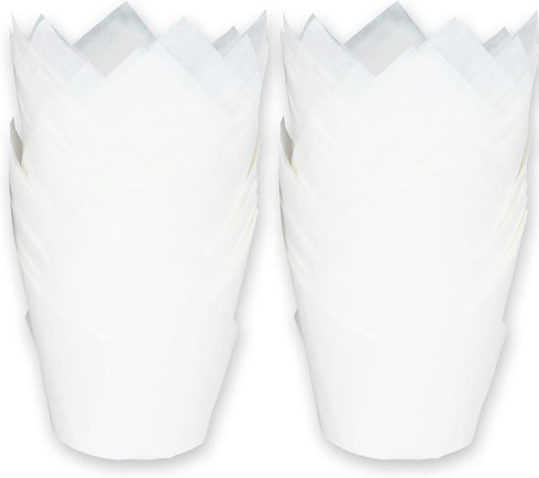 Large White Tulip Baking Cups, 2-1/4" Base Diameter x 4" Wall Height, Greaseproof Paper Muffin Liners, 130 pcs