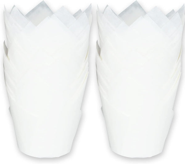 Large White Tulip Baking Cups, 2-1/4" Base Diameter x 4" Wall Height, Greaseproof Paper Muffin Liners, 130 pcs