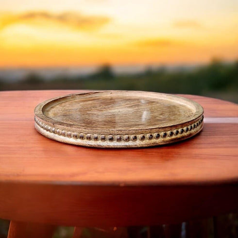 CRAFTYKART Set 11 inches, 11 inches Round Wood Serving Trays Rustic Nesting Trays Stackable Platters for Serving Cakes