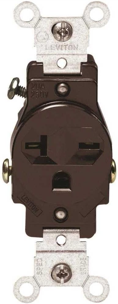 Leviton 20-Amp, 250-Volt, Commercial Grade, Narrow Body Single Receptacle, Straight Blade, Grounding, Side Wired, 5821,