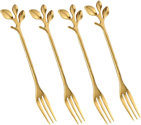 Appetizer Cake Fruit Forks Set of 4 - Gold Leaf Cocktail Picks 4.7 Inches Tasting Dessert Forks Kitchen Accessory for