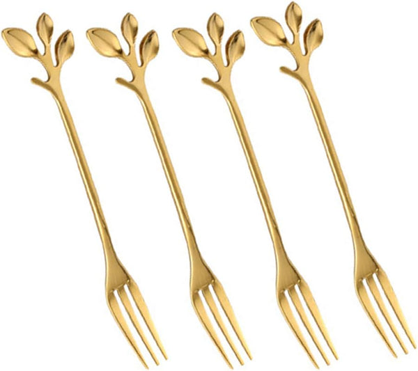 Appetizer Cake Fruit Forks Set of 4 - Gold Leaf Cocktail Picks 4.7 Inches Tasting Dessert Forks Kitchen Accessory for
