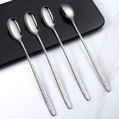 YFWOOD 9.1-Inch Long Handle Iced Tea Spoon - Set of 4 Stainless Steel Cocktail Stirring Spoons, Ice Cream Spoon (Silver)