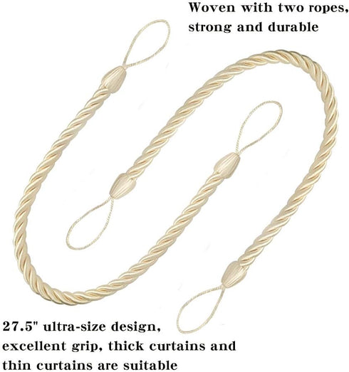 BEL AVENIR Curtain Rope Tiebacks with 4 Metal Screw Hooks, Drapery Holdbacks (Beige, 4 Pack)