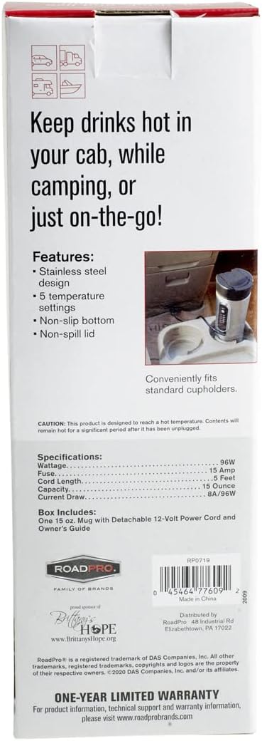 RoadPro RP0719 12-Volt Premium Heated Travel Mug, 15oz, Silver and Black