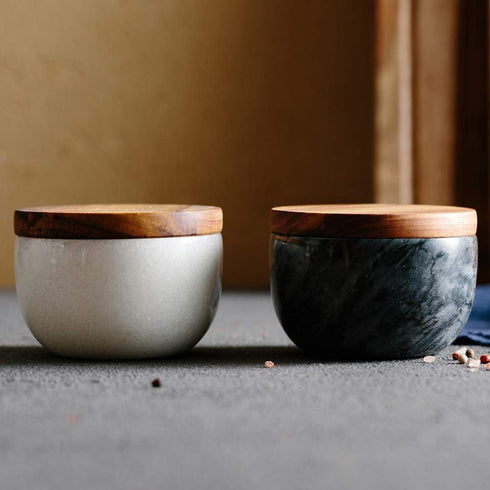 Large White Marble Base Wood Cover Salt Box with Spoon, Solid Natural Acacia Lid, Elegant Design Decorative Boxes, Big