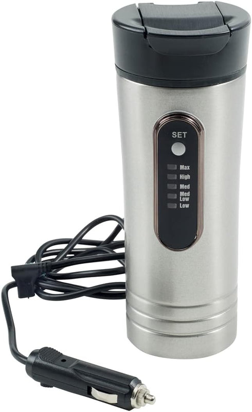 RoadPro RP0719 12-Volt Premium Heated Travel Mug, 15oz, Silver and Black