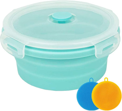 Silicone Collapsible Bowl 1200ml with Airtight Plastic Lids, 2 Pack Silicone Dish Sponges for Camping, Hiking, Travel -