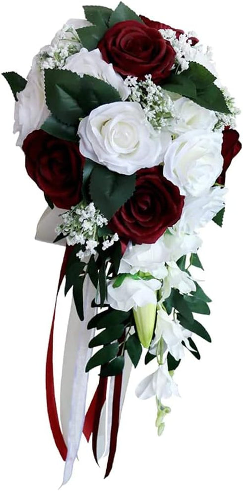 Artificial Rose Bouquet for Wedding Bride, White + Wine Red Bouquet for Home Holiday Party Supplies
