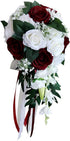 Artificial Rose Bouquet for Wedding Bride, White + Wine Red Bouquet for Home Holiday Party Supplies