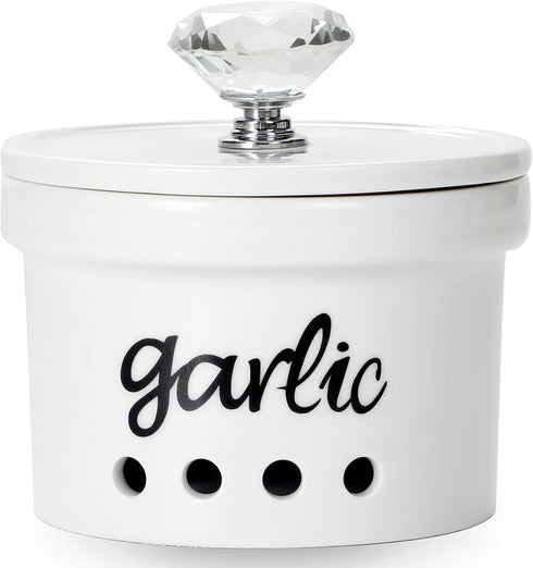 HAOTOP Garlic Keeper with Crystal Lid, 12.5 oz Ceramic Garlic Saver Container for Countertop, Farmhouse Kitchen Decor