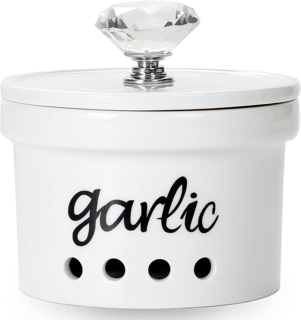 HAOTOP Garlic Keeper with Crystal Lid, 12.5 oz Ceramic Garlic Saver Container for Countertop, Farmhouse Kitchen Decor