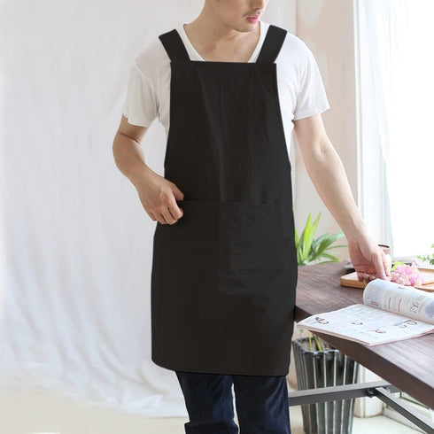 NEWGEM Japanese Linen Cross Back Kitchen Cooking Aprons for Men with Pockets for Baking Painting Gardening Cleaning Black