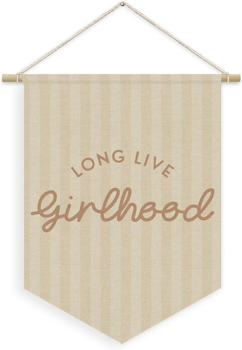 XYDEG Girl Nursery Decor, Long Live Girlhood Linen Canvas Banner, Neutral Striped Wall