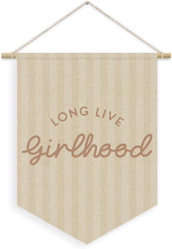 XYDEG Girl Nursery Decor, Long Live Girlhood Linen Canvas Banner, Neutral Striped Wall