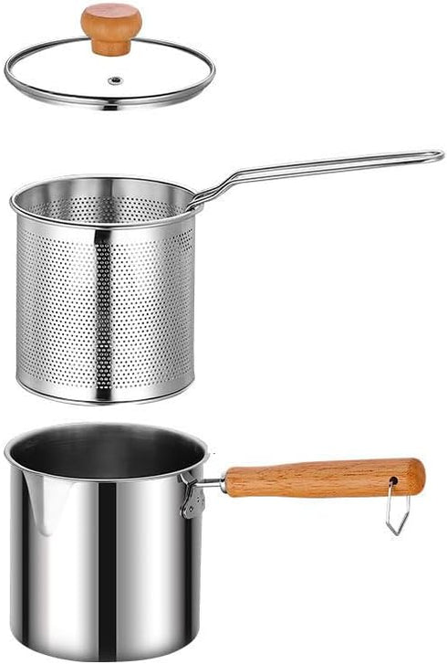 Small Deep Fryer Pot with Basket, Mini Fryer and Soup Pot with Tongs and Lid, 1.3-Quart