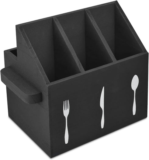 Ikee Design Wooden Utensil Caddy with Handles, Silverware Holder for Countertop, Camping, and Kitchen, Black