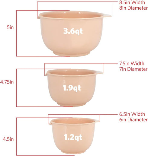 GLAD 3 Piece Mixing Bowls Set with Pour Spout | Non-Slip, BPA Free, Dishwasher Safe Plastic | Blush, Nesting Design