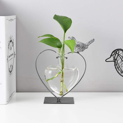 Bulb Marbrasse Desktop Glass Vase, Glass Vases for Holder, Creative Bird with Heart Planter Vase, Plant Terrarium Metal