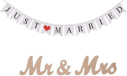 VIOPVERY Mr and Mrs Sign & Just Married Banner, Large Wooden Letters for Wedding Table, Photo Props for Anniversary