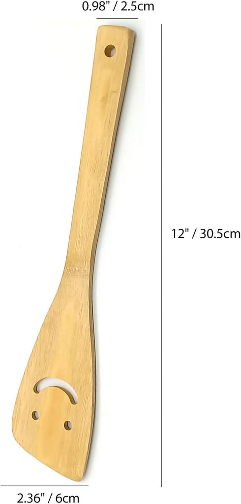 2-Piece 12-Inch Bamboo Smiley Face Wooden Spoons & Spatula, Kitchen Cooking Tools for Nonstick Cookware