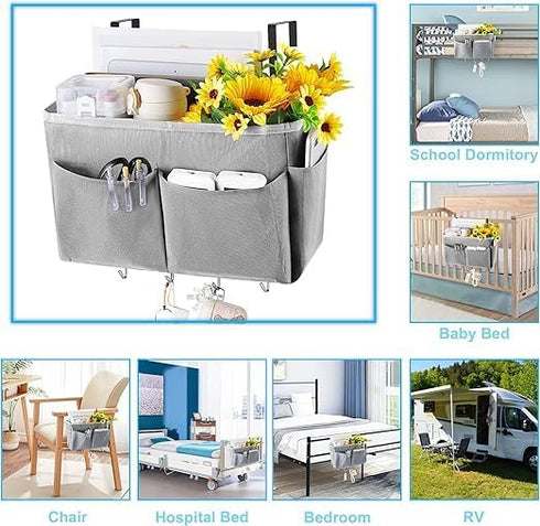 Bedside Storage Organizer, 5 Pockets with 4 Hooks Hanging Storage Bag for Headboards/Bunk Bed, 2 Pack, Grey