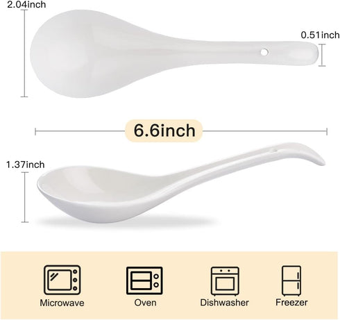 Porcelain Soup Spoons Set of 6, Ceramic Chinese Soup Spoons 6.6 Inch, Asian Soup Spoons, Japanese Ramen Spoons, White