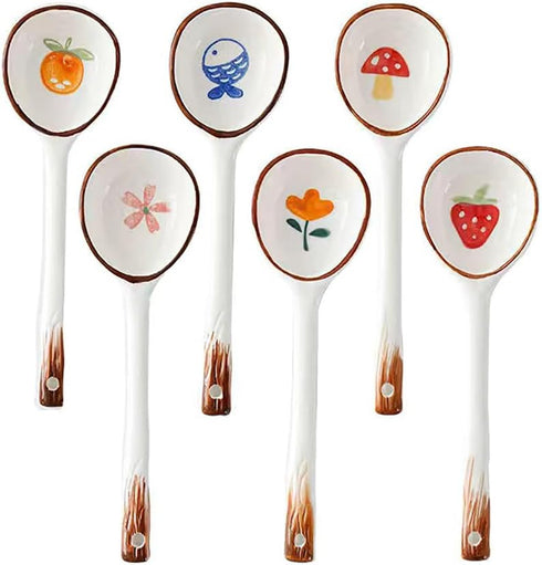 Set of 6 Ceramic Soup Spoons, Asian Spoons for Ramen, Pho, Wonton Dumplings