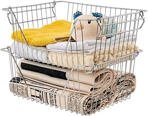 Stackable Wire Metal Baskets, Sturdy Cabinet Organizer for Home, Bathroom, Kitchen, Chrome, 3 Packs