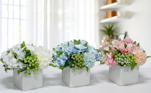 LADADA Faux Hydrangea Flower Arrangements in Ceramic Vase for Home Decor