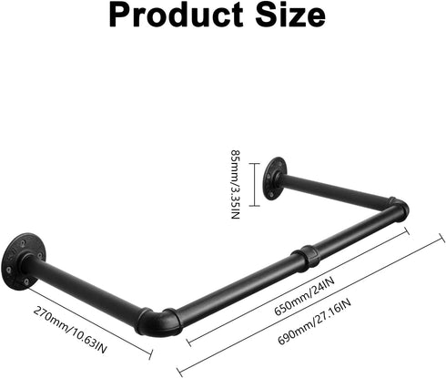 Industrial Iron Pipe Clothes Hanging Bar, Heavy Duty Wall-Mounted Garment Rack for Bedroom, Laundry Room Storage