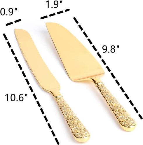 Dicunoy 2 PCS Gold Cake Knife and Server Set, Wedding Cake Cutting Utensils, Vintage Engraved Cake Cutter and Serving Spatula for Birthday, Party, Anniversary by Dicunoy