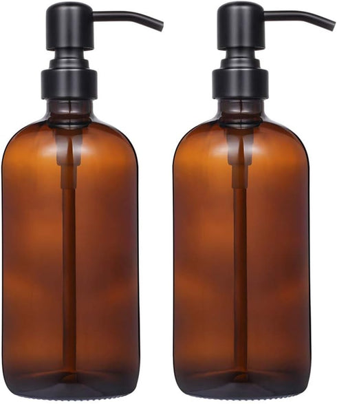 CHBJDAN 2 Pack Thick Amber Glass Pint Jar Soap Dispenser with Matte Black