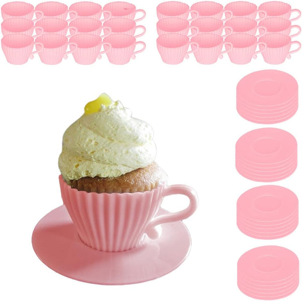 Evelots Teacup Silicone Cupcake Liners for Baking - 48 Pc Set, Oven Safe Non Stick