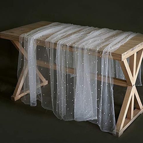 Table Runner for Wedding Arch Decorations - Bridal Shower Decor Fabric with Embroidered Sheer White Tablecloth for