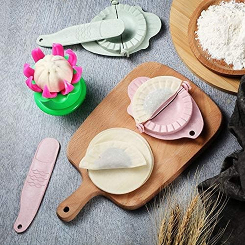5 Pieces Dumpling Maker Set - Bun Maker, Steam Filled Plastic Mold, and Filling Spoon for Cooking (Green, Pink)