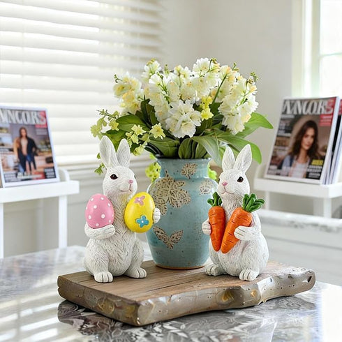 Easter decorations - Easter Bunny decorations -Resin rabbits With carrot and eggs -Bunny statues for indoor tabletop