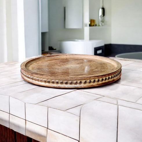 CRAFTYKART Set 11 inches, 11 inches Round Wood Serving Trays Rustic Nesting Trays Stackable Platters for Serving Cakes