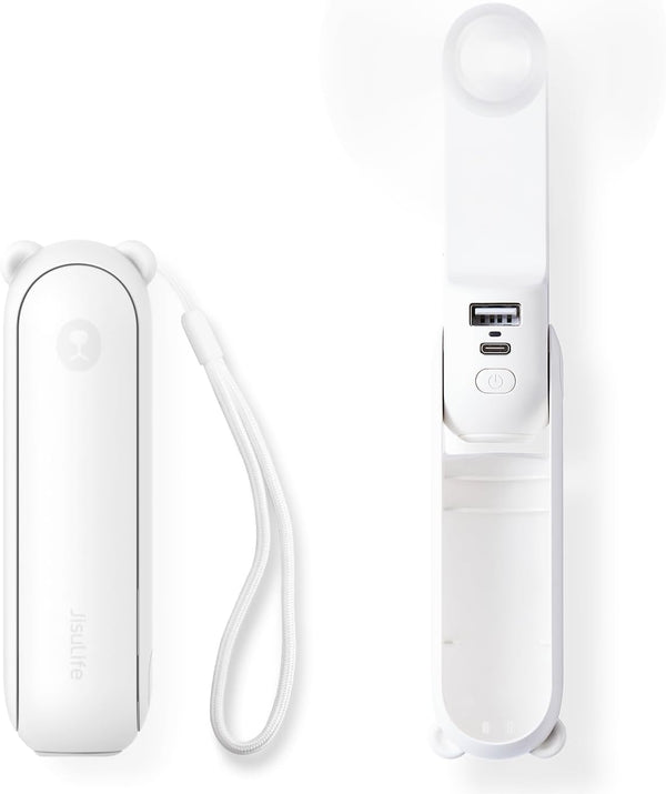 JISULIFE Handheld Mini Fan, 3 IN 1 USB Rechargeable Portable Fan with Power Bank, Flashlight, White