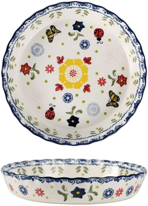 Ceramic Pie Pan, 10 Inch Round Bakeware for Oven (Butterfly Design)