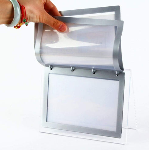 Slant Back Sign Holder, Horizontal Display 5x7 inch PVC Photo Clip Flip Display, 7 Pages-14 Sides Photos