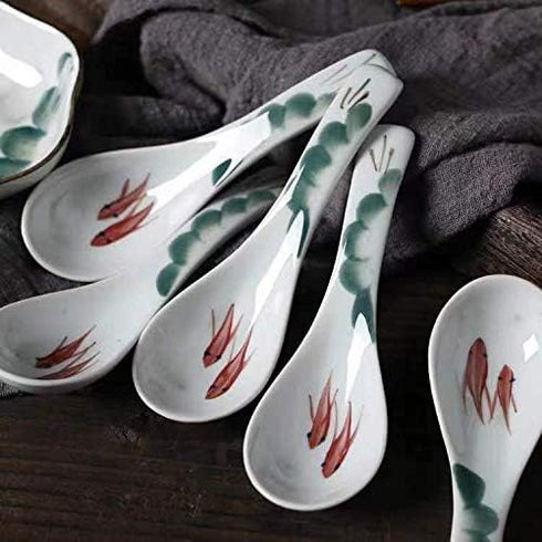 Ceramic Soup Spoons Set of 4, Chinese Style Glaze Porcelain Rice Spoons, Dark Green Asian Tableware