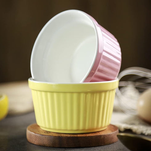 Ramekins 6oz Oven Safe, Creme Brulee and Souffle Dishes, Porcelain Baking Bowls, Set of 6, Pink