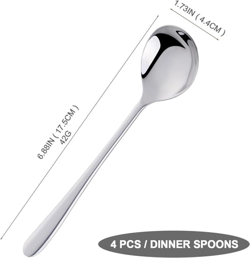 4-Piece Round Stainless Steel Bouillon Spoons, Heavy-Weight Round Deep Bowl Spoon Set for Soup, Milk, Dishwasher Safe