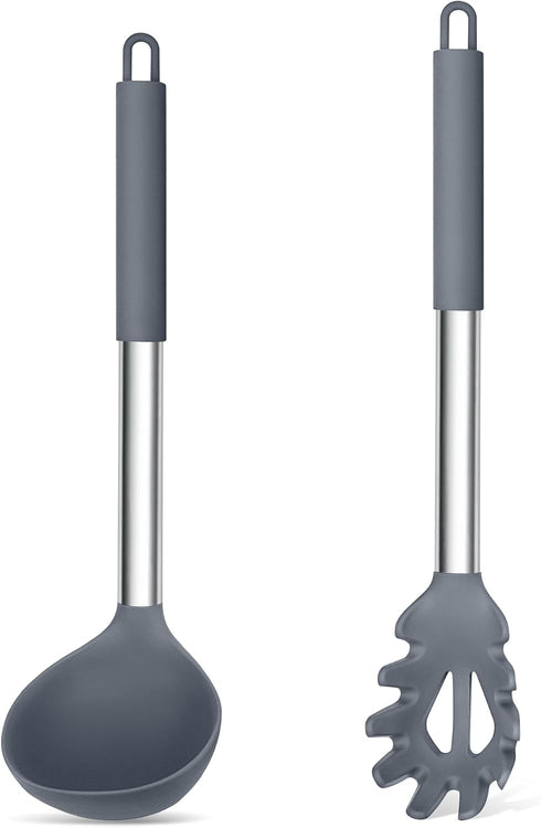 TeamFar Silicone Kitchen Utensils, 2 Pcs Large Nonstick Soup Ladle and Pasta Fork for Cooking, Mixing, Serving, Light