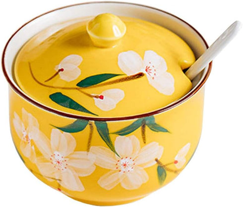 FUYU Hand-painted Flower Ceramic Condiment Pot, Seasoning Jar with Lid and Spoon