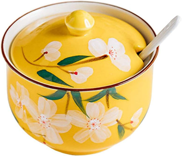 FUYU Hand-painted Flower Ceramic Condiment Pot, Seasoning Jar with Lid and Spoon