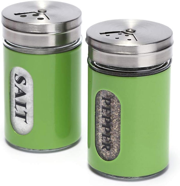 Salt and Pepper Shakers Set, Stainless Steel and Glass with Adjustable Pour Holes (Green)