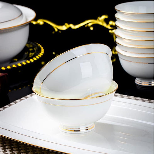 Ceramic Soup Bowls - Set of 5, 10 Ounce Gold Rim Small Bowls, Premium Bone China for Ice Cream, Rice, Dessert